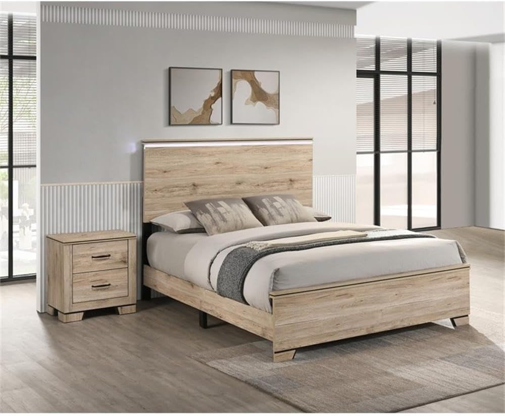 Best Quality Furniture Rustic Light Brown Oak Wood Bedroom Set with Charging Station and LED Lighting