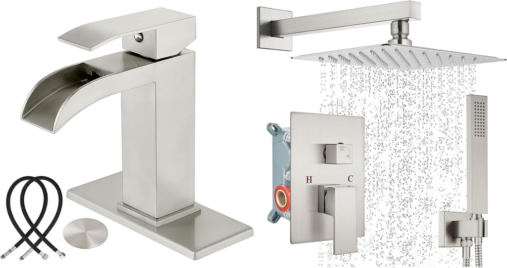 Midanya Brushed Nickel Single Handle Slotted Waterfall Vanity Bathroom Sink Faucets with 10 Inch Brushed Nickel Rain Shower Set Square Rainfall Shower Head Wall Mount Shower Faucet System