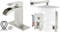 Midanya Brushed Nickel Single Handle Slotted Waterfall Vanity Bathroom Sink Faucets with 10 Inch Brushed Nickel Rain Shower Set Square Rainfall Shower Head Wall Mount Shower Faucet System