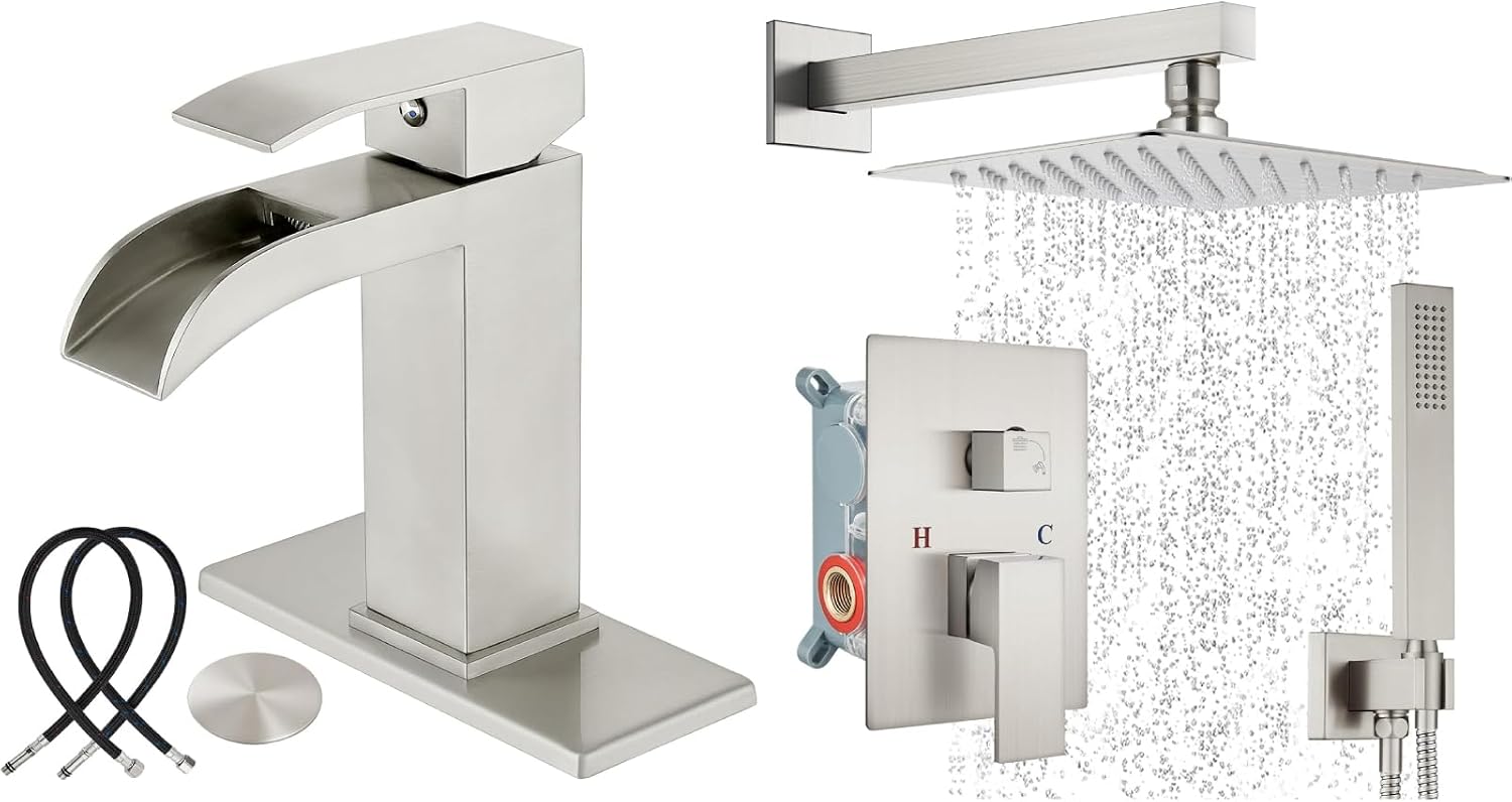 Midanya Brushed Nickel Single Handle Slotted Waterfall Vanity Bathroom Sink Faucets with 10 Inch Brushed Nickel Rain Shower Set Square Rainfall Shower Head Wall Mount Shower Faucet System