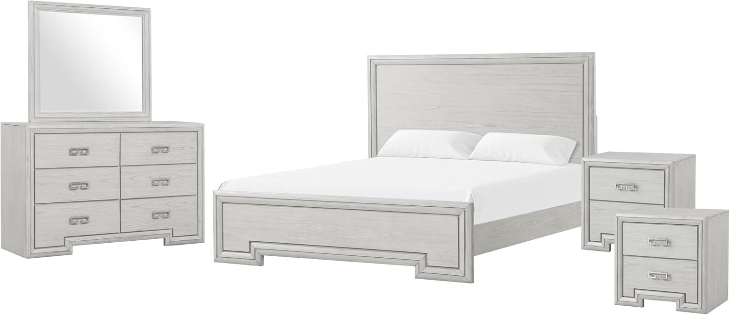 Furniture of America Babsi Modern Wood 5-Piece Bedroom Set with Greek Key Pull, USB Chargers on Nightstand, Felt-Lined Top & Cedarwood-Lined Bottom Drawers, Box Spring Needed, Queen, Rustic White