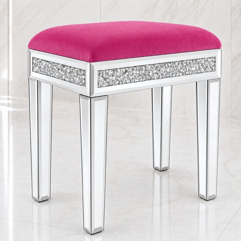 Vanity Stool with Storage Mirrored Legs, Velvet Cushioned Ottoman, Hidden Compartment, Sparkling Diamond Trim, Glam Makeup Chair & Piano Bench (Hot Pink)
