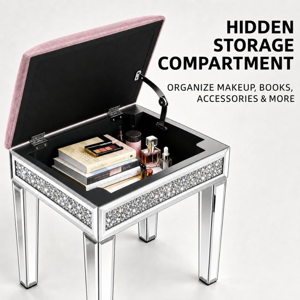 Vanity Stool with Storage – Mirrored Legs, Velvet Cushioned Ottoman, Hidden Compartment, Sparkling Diamond Trim, Glam Makeup Chair & Piano Bench - Silver (Dusty-Pink)