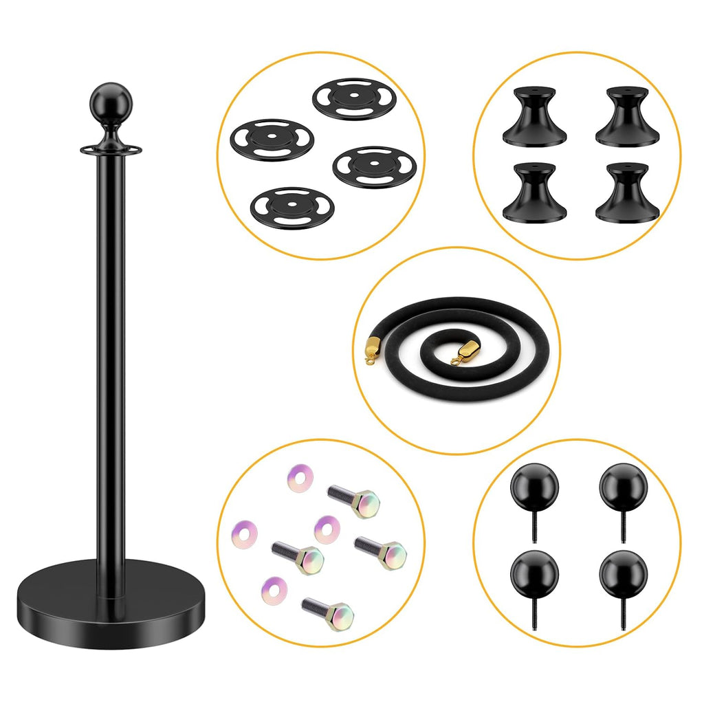 LOVMOR 12Pcs Black Stanchion Posts Queue with 8pcs Black Velvet Rope, Crowd Control Barriers Queue Line Rope, Crowd Control Stanchion for Party Supplies