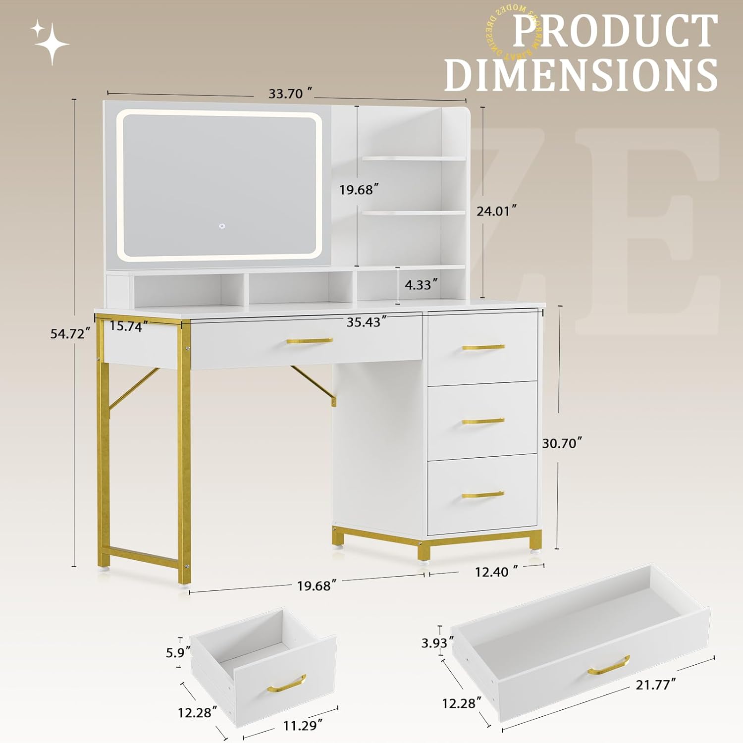 COMHOMA Vanity Desk with Mirror and Lights, Makeup Vanity Table with 4 Drawers & Storage Shelves, Large HD Mirror, 3 Color Modes & Adjustable Brightness, Modern Dressing Table for Bedroom, Pearl White