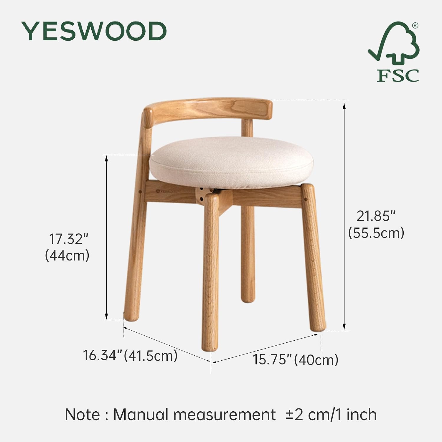 YESWOOD Oak Wood Vanity Stool, 360 Swivel Chair for Makeup Room, Fully Assembled Makeup Chair, Vanity Bench for Bathroom & Living Room, Natural Wood
