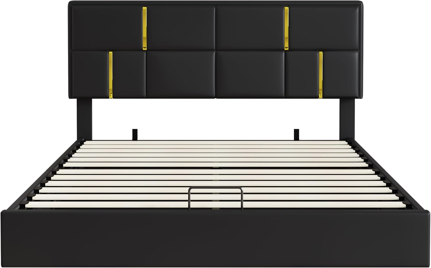 GDFStudio 2-Piece Furniture Set with Queen Size Upholstered Platform Bed with Hydraulic Storage System and Velvet Storage Ottoman with Gold Metal Legs,Modern Bed Frame,Mattress not Included,Black