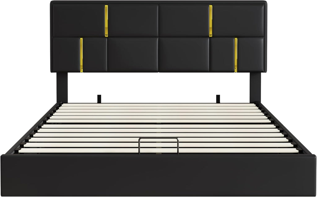 GDFStudio Gomar 2-Piece Bedroom Sets, Queen Size Storage Bed Frame with Hydraulic Lift & Ottoman Bench, PU Upholstered Platform Bed, Soft Fabric Headboard, No Spring Box Needed, Gold Decor, Black