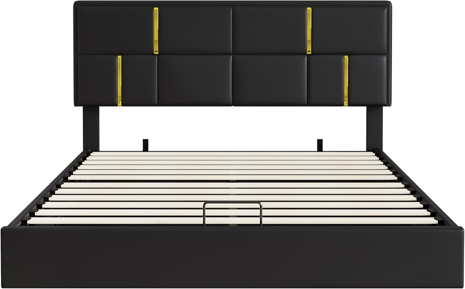 GDFStudio Gomar 2-Piece Bedroom Sets, Queen Size Storage Bed Frame with Hydraulic Lift & Ottoman Bench, PU Upholstered Platform Bed, Soft Fabric Headboard, No Spring Box Needed, Gold Decor, Black