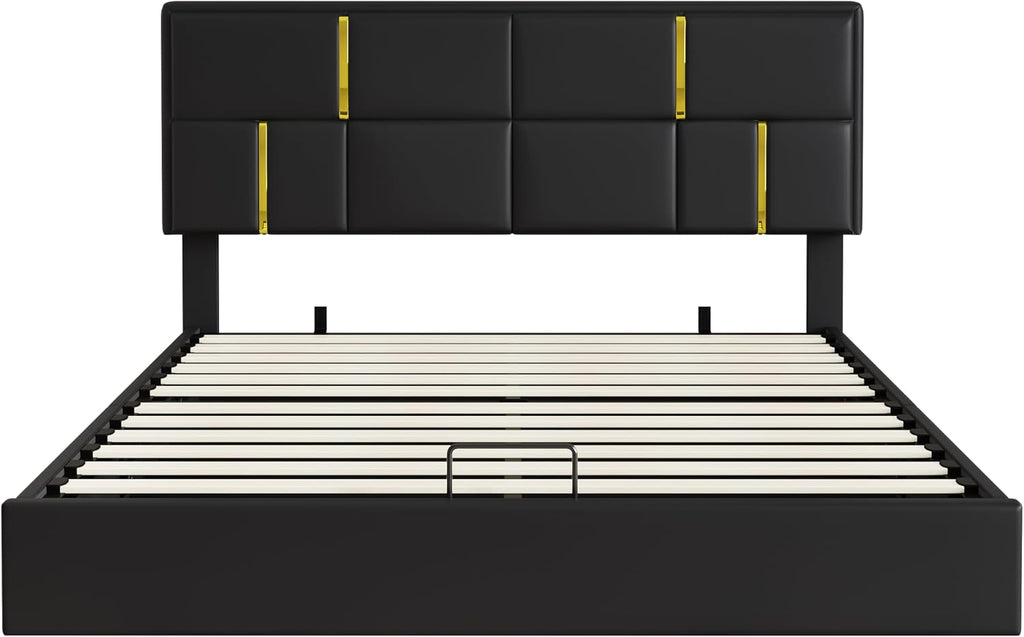 Ball & Cast Queen Size Lift Up Storage Bed,Upholstered Platform Bed with Gold Decor Headboard and Hydraulic Storage System,No Box Spring Needed,Bedroom Furniture for Apartment,Black