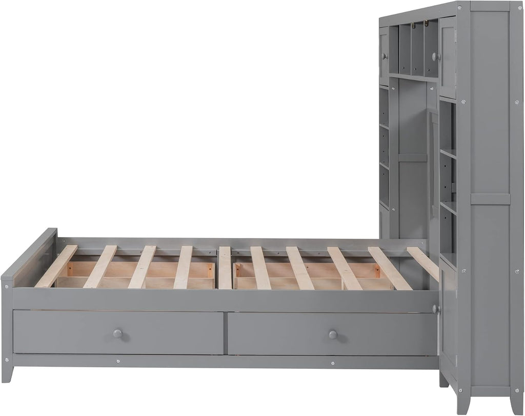 Harper & Bright Designs Full Size Platform Bed with Bookcase Headboard and 4 Storage Drawers, Solid Wood Bed Frame with Cabinet and Bookshelf, No Box Spring Needed - Gray