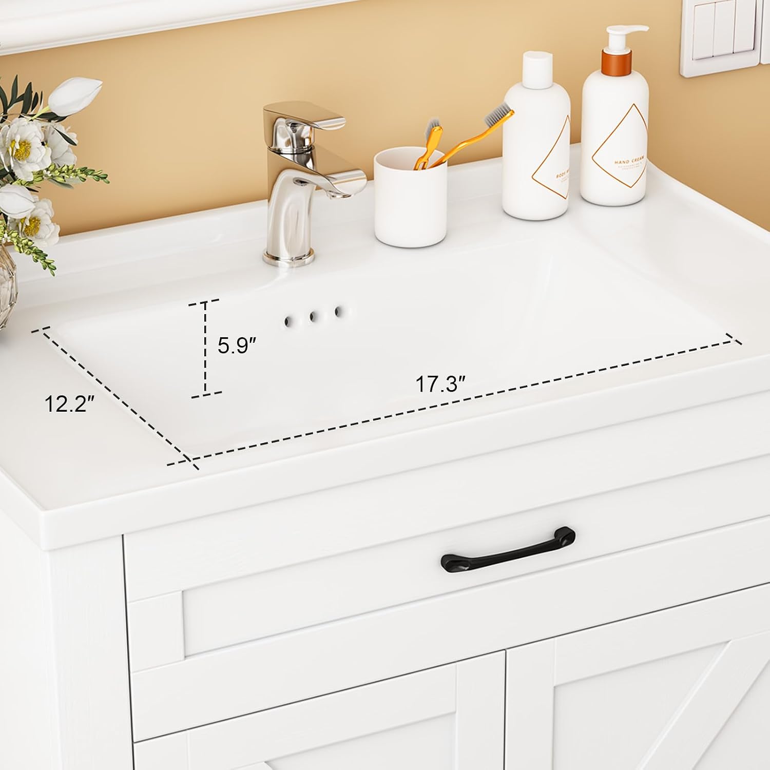 Bathroom Vanity, 24' Bathroom Vanity with Ceramic Sink, Farmhouse Bathroom Vanity Cabinet for Small Space, Freestanding Storage Cabinet with Shelf, 2 Doors, Easy Assembly