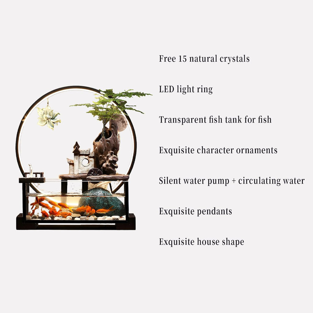 Desktop Ceramic Water Fountain Fish Tank - Adjustable Water Flow with LED Lights | Indoor Decoration Fortune Gifts+15 PCS Free Crystals (Style 1)