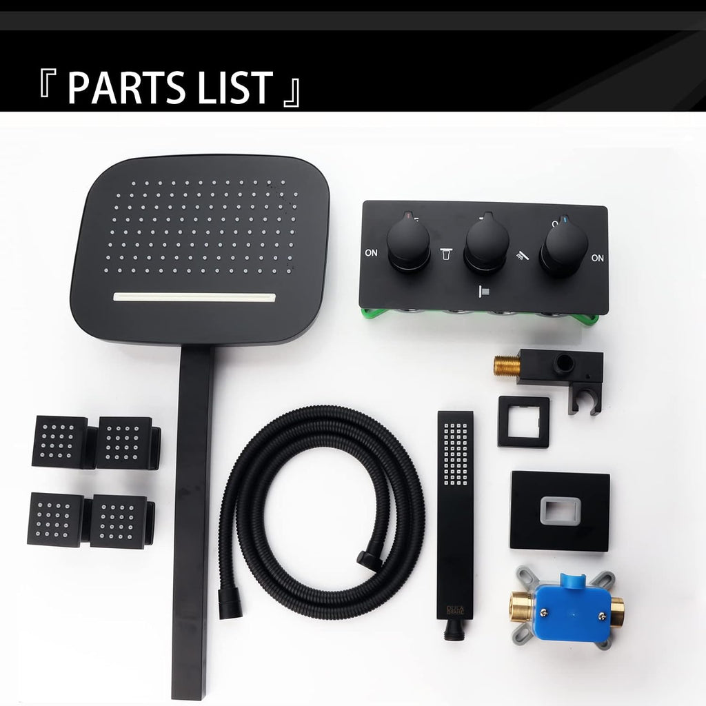 Waterfall Rain Shower System Wall Mounted Brass Shower Head and Handheld Sprays Massage Spa Body Combo Set (Matte Black)