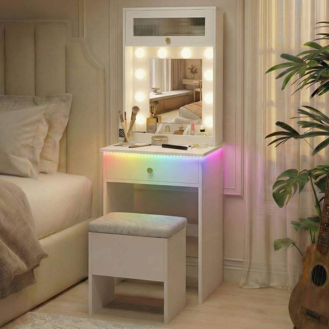 ARTETHYS Small Vanity Desk with Mirror and Lights White Small Makeup Vanity with Storage Chair Mini Makeup Table Set for Bedroom Compact Dressing Table with RGB Lights for Tiny Space