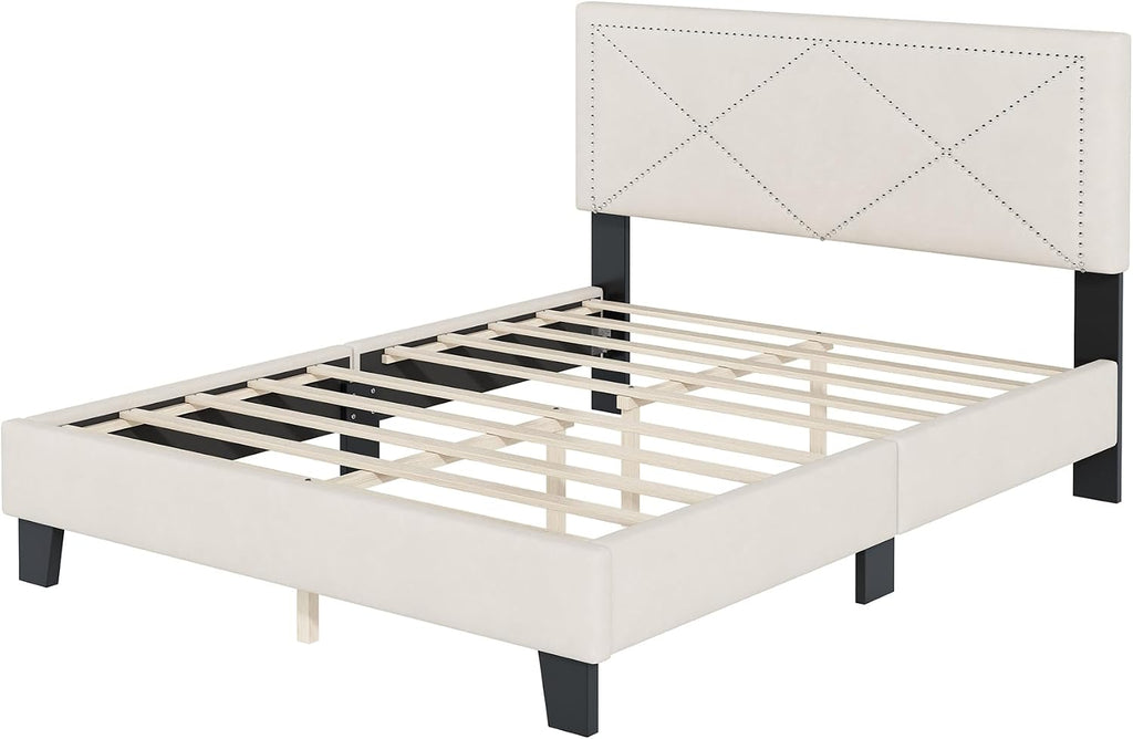 VilroCaz Exquisite 4-Pieces Bedroom Sets Queen Size Upholstered Bed Frame with Rivet Design Headboard, 2 Nightstands and Tufted Storage Ottoman (Beige-v4)