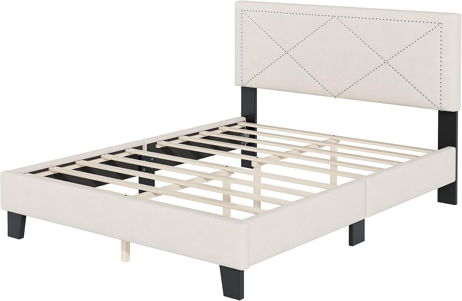 VilroCaz Exquisite 4-Pieces Bedroom Sets Queen Size Upholstered Bed Frame with Rivet Design Headboard, 2 Nightstands and Tufted Storage Ottoman (Beige-v4)