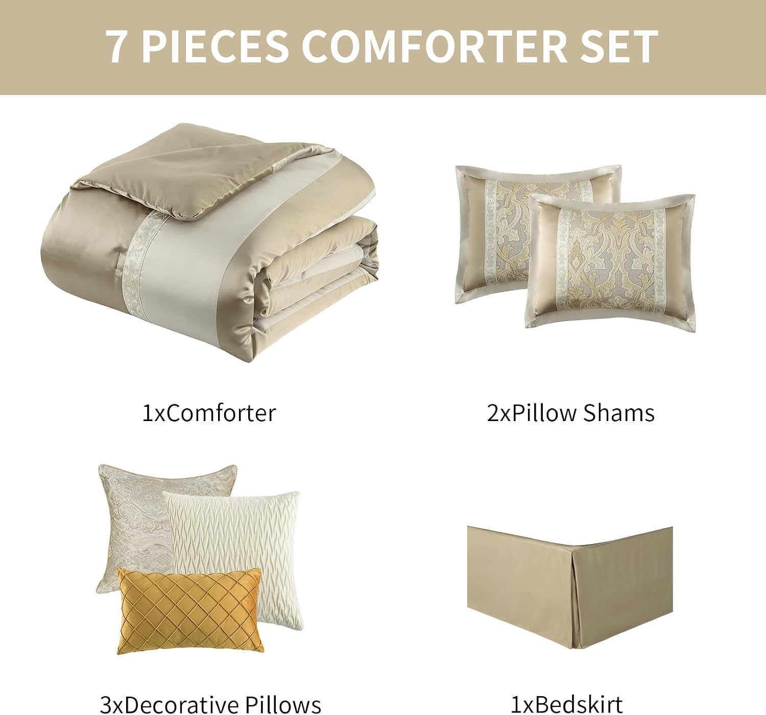 Bedduvit Luxury 7 Piece Bed in Bag, Vintage Damask Jacquard Thick California King Comforter Set, Luxurious Genuine Patchwork Cal King Bedding Set with Bed Skirt, Decor Pillows, Shams, Gold/Beige/Cream