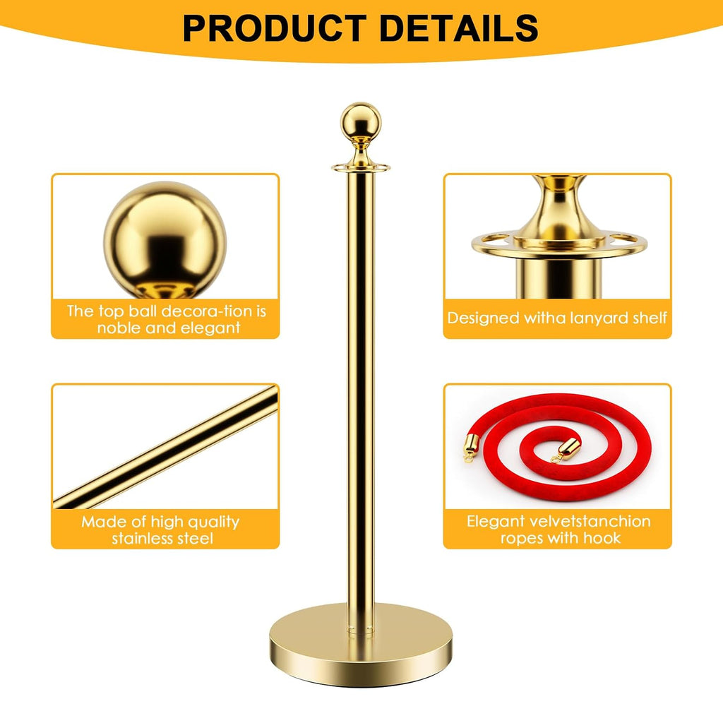 LOVMOR 8 PCS Stainless Steel Stanchion Post Queue 5 ft Red Velvet Rope Red Carpet Ropes and Poles Crowd Control Barriers for Red Carpet Themed Decoration