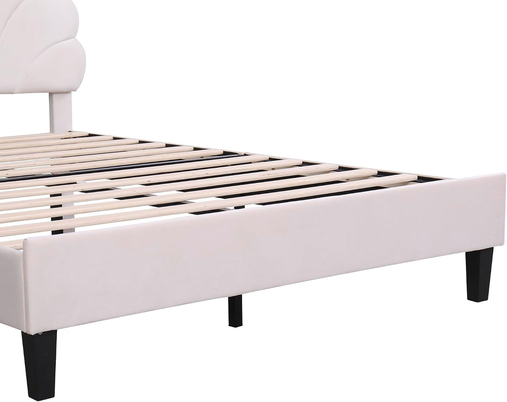 Harper & Bright Designs Queen Size Upholstered Platform Bed Frame with Flower Pattern Velvet Headboard for Boys Girls Kids Adults, Beige