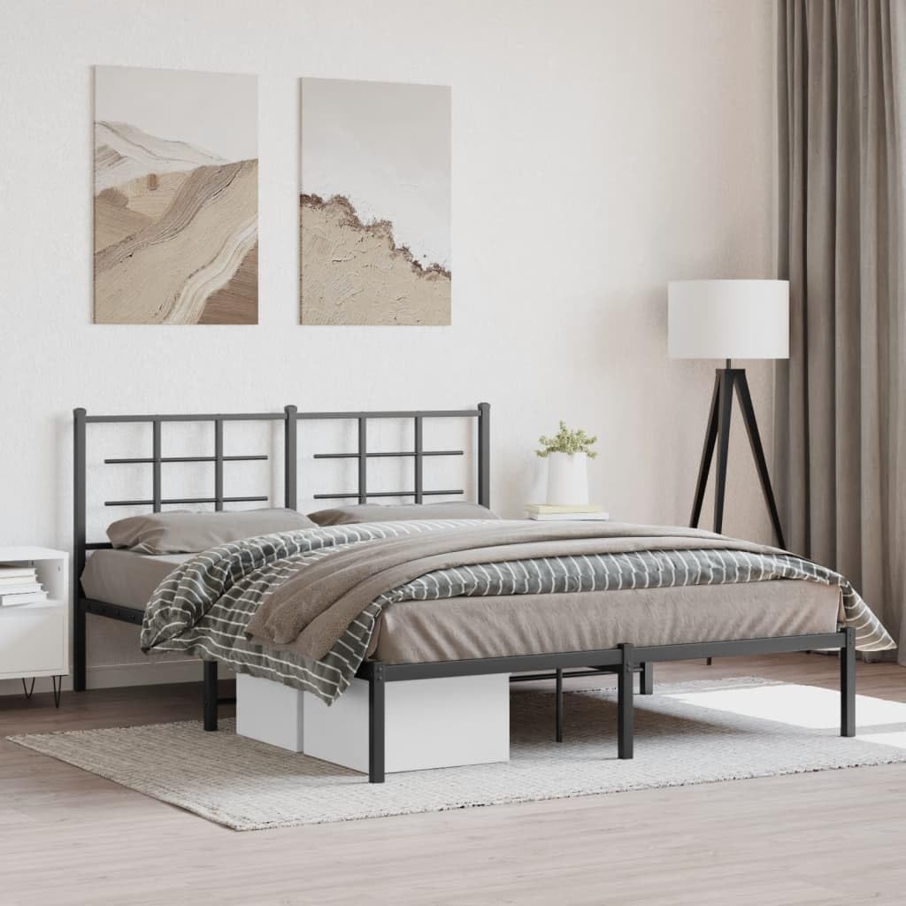 Metal Bed Frame with Headboard Queen Size Black Steel Platform Bedframe Sturdy Support Underbed Storage Space for Bedroom