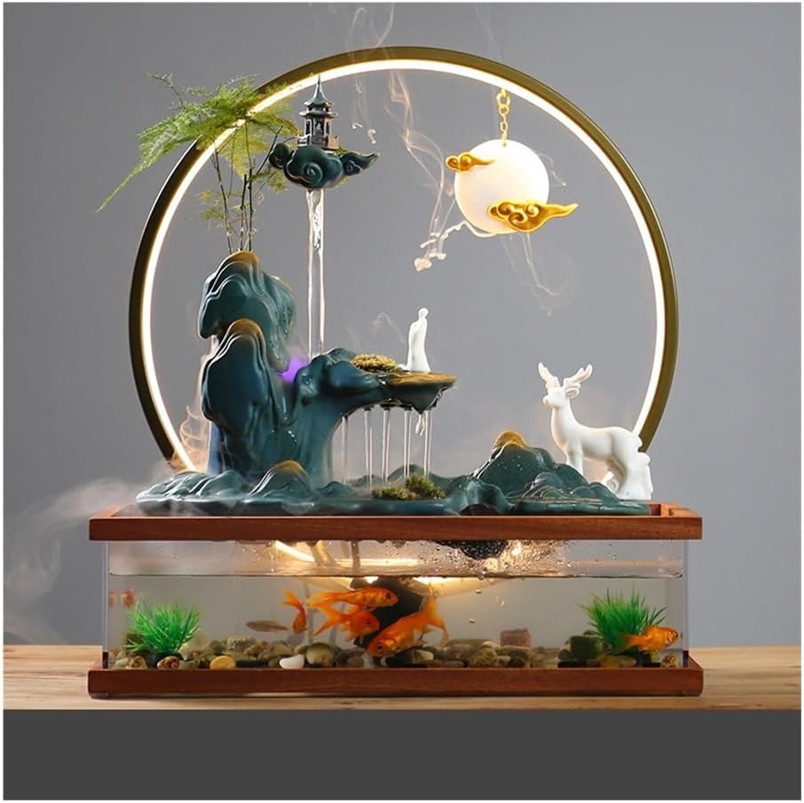 Tabletop Fountains Desktop Fish Tank Water Ornaments Rockery Fountain Landscaping Living Room Porch Chinese Style Creative Decorative Ornaments Indoor Tabletop Water Fountain(B)