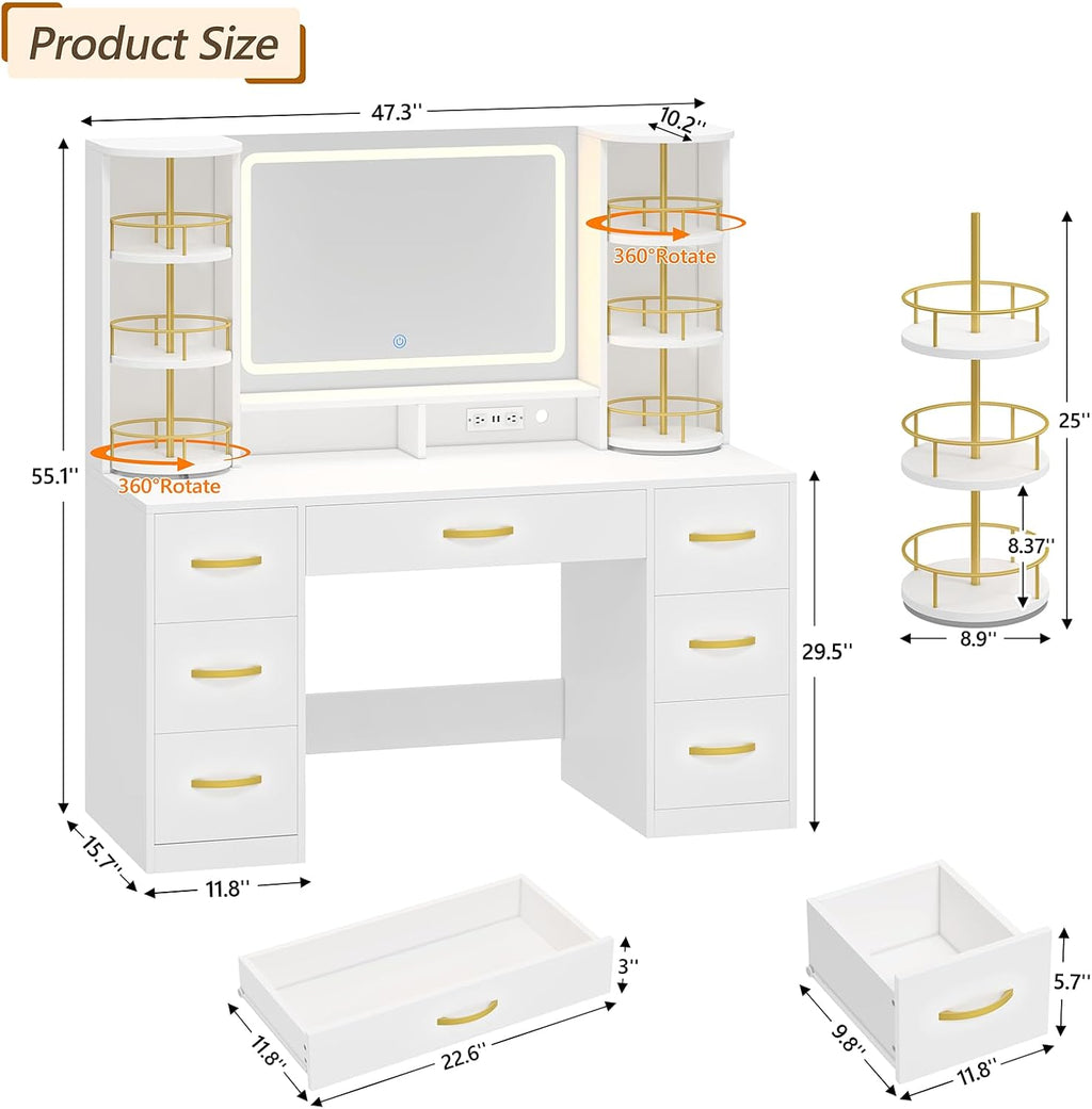Vanity Desk with Mirror and Lights, White Makeup Vanity Table with 360° Rotating Shelves, Large Vanity Desk with 7 Drawers, Power Outlet, Dressing Table Set with Lighted Mirror Adjustable, for Bedroom