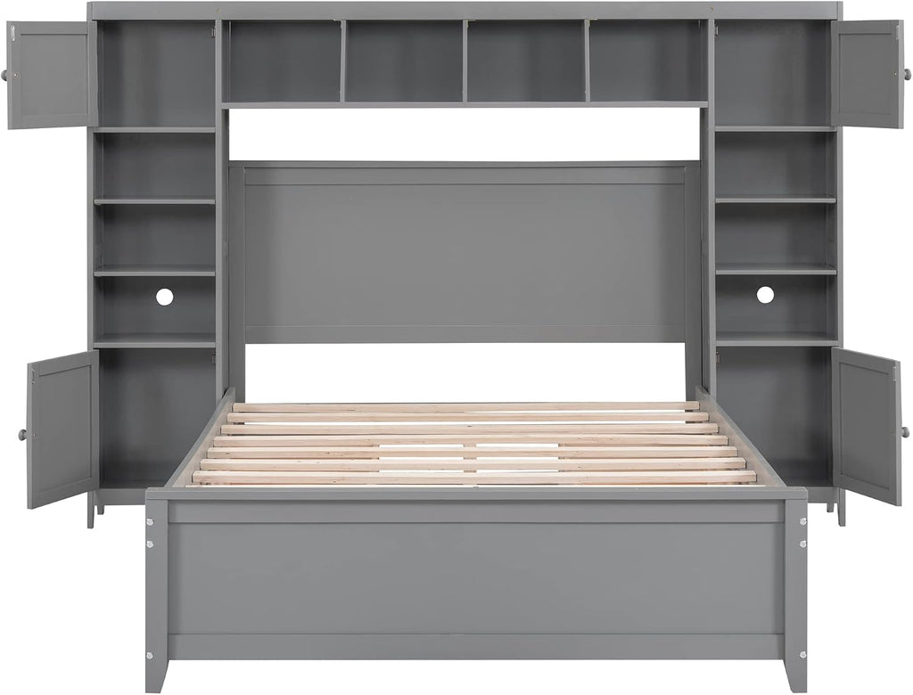 Harper & Bright Designs Full Size Platform Bed with Bookcase Headboard and 4 Storage Drawers, Solid Wood Bed Frame with Cabinet and Bookshelf, No Box Spring Needed - Gray