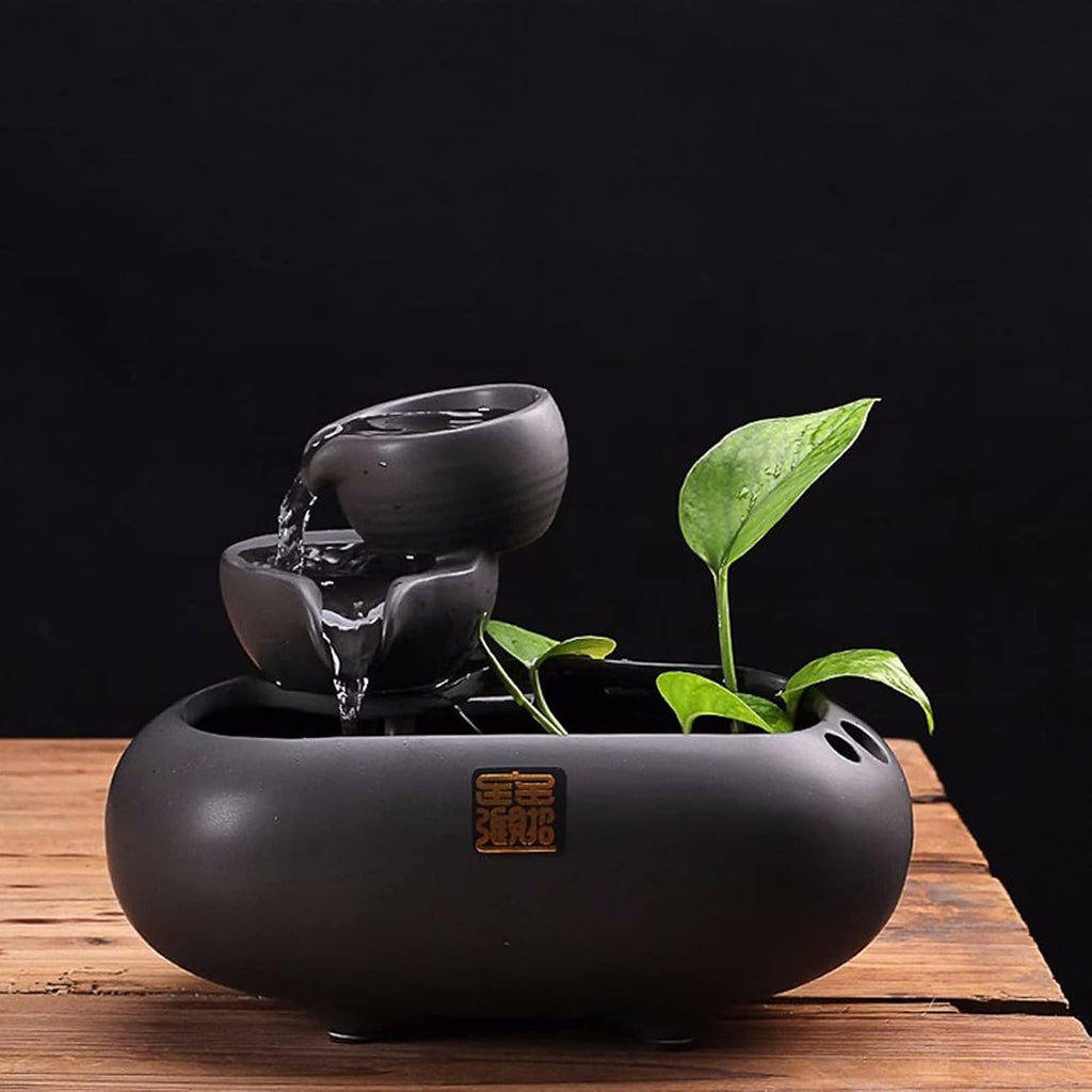 Desktop Fountain 2 Step Ceramic Waterfall Indoor Fountain Tabletop Water Zen for Office Home Decoration 7.0 Inch Tall (Black)