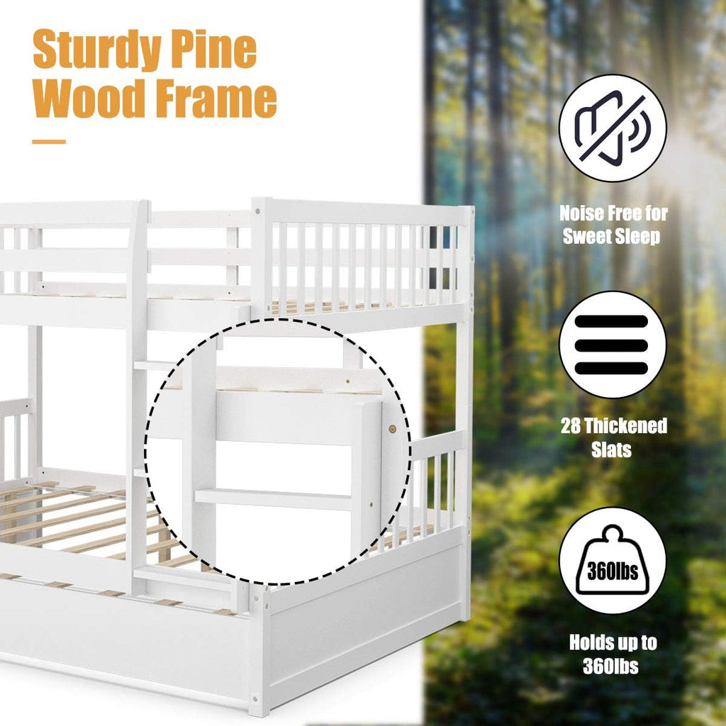 KOMFOTT Wood Full Over Full Bunk Bed with Trundle, Full Bed Frame with Ladder, Solid Wood Frame & Safety Guardrails, Space-Saving Bunk Bed for Teens & Adults, No Box Spring Needed