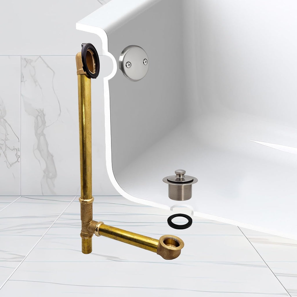 Westbrass A3264-07 22-1/2' Brass Bath Waste & Overflow Assembly with Pull Drain Plug and 2-Hole Faceplate, Satin Nickel