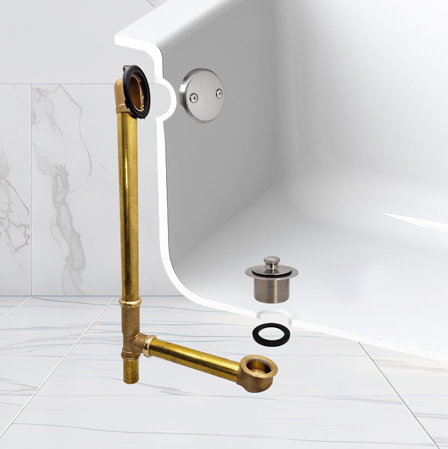 Westbrass A3264-20 22-1/2' Brass Bath Waste & Overflow Assembly with Pull Drain Plug and 2-Hole Faceplate, Stainless Steel