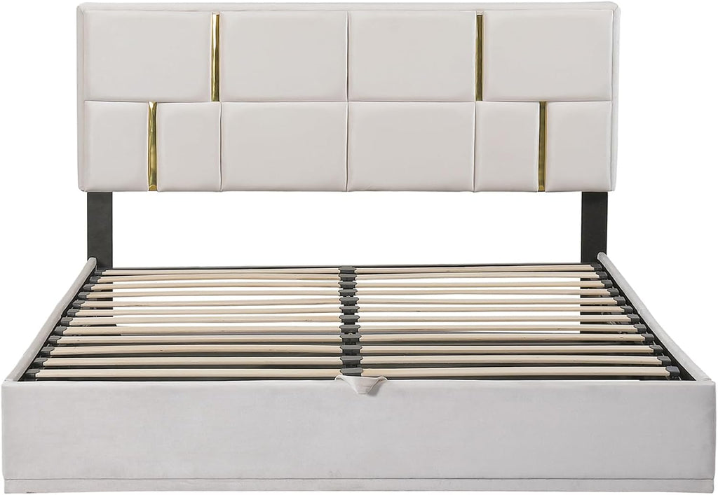 Queen Size Hydraulic Lift Up Storage Bed Frame with Storage Bench, Velvet Upholstered Platform Beds with Headboard, Two Piece Bedroom Sets, Wooden Slats Support, No Box Spring Needed (Beige)