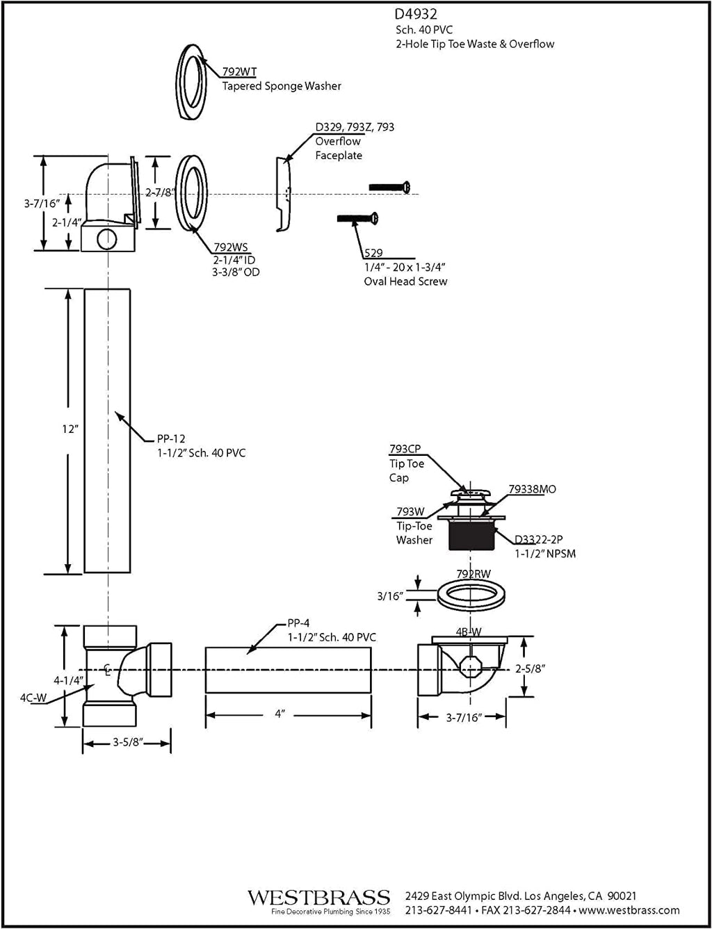 Westbrass D4932-4-12 1-1/2' x 12' Bath Waste & Overflow Assembly with Two-Hole Faceplate Cover and Tip-Toe Drain Plug - Sch. 40 PVC, Oil Rubbed Bronze (4-Pack)