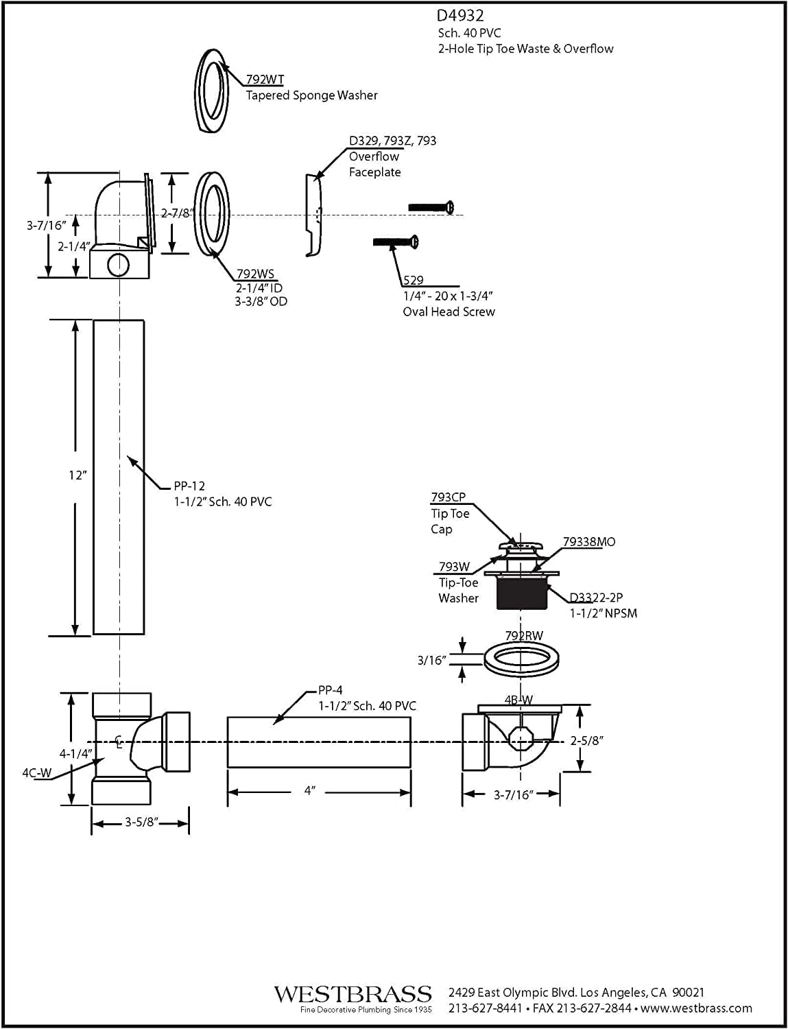 Westbrass D4932-12-12 1-1/2' x 12' Bath Waste & Overflow Assembly with Two-Hole Faceplate Cover and Tip-Toe Drain Plug - Sch. 40 PVC, Oil Rubbed (12-Pack)