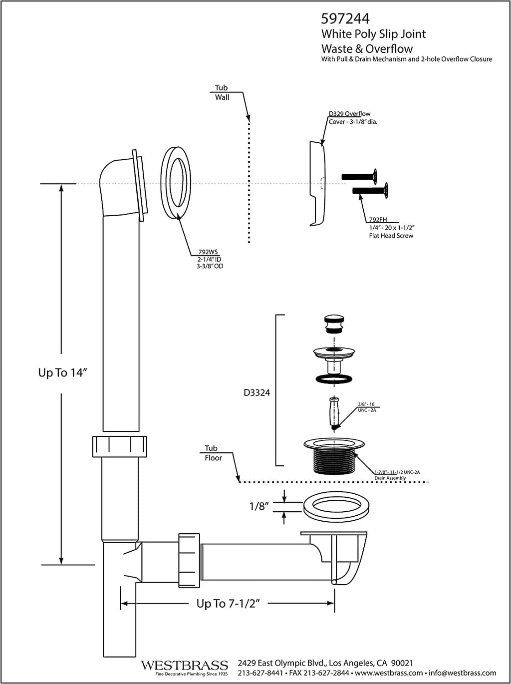 Westbrass 597244-12-12 14' White Poly Tubular Bath Waste & Overflow Assembly with 2-Hole Faceplate and Pull To Close Drain Plug, Oil Rubbed Bronze (12-Pack)