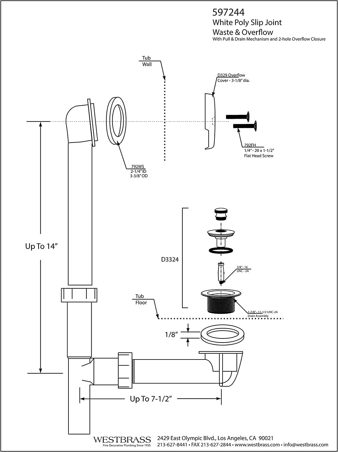 Westbrass 597244-12-12 14' White Poly Tubular Bath Waste & Overflow Assembly with 2-Hole Faceplate and Pull To Close Drain Plug, Oil Rubbed Bronze (12-Pack)