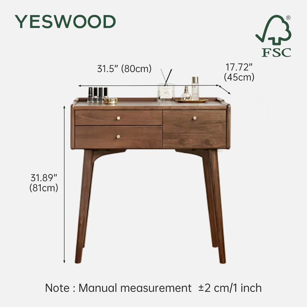 YESWOOD Small Vanity Desk, North America Black Walnut Wood Dressing Table with Drawer Divider, Study Desk and Vanity Desk for Bedroom, Walnut Color, 31' D x 18' W x 32' H (Only Vanity Table)