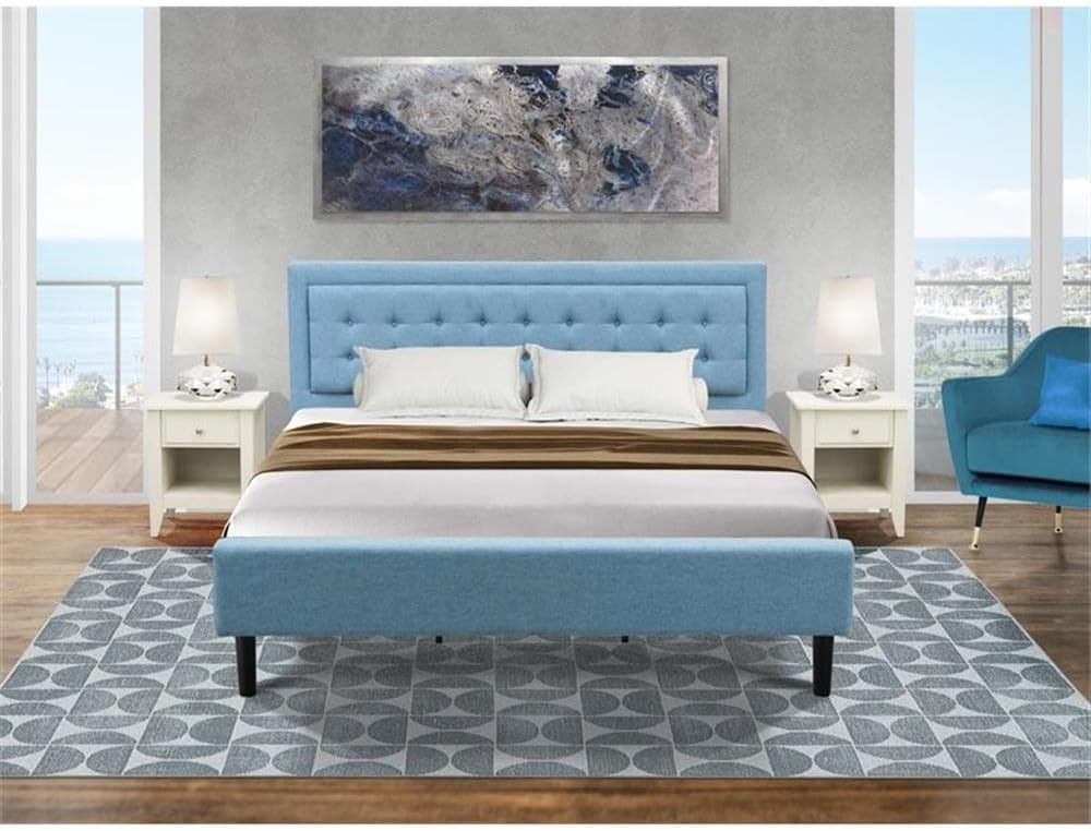 East West Furniture FN11K-2GA0C 3-Piece Platform King Bedroom Set with 1 Wood Bed Frame and 2 Modern Nightstands - Reliable and Durable Construction - Denim Blue Linen Fabric