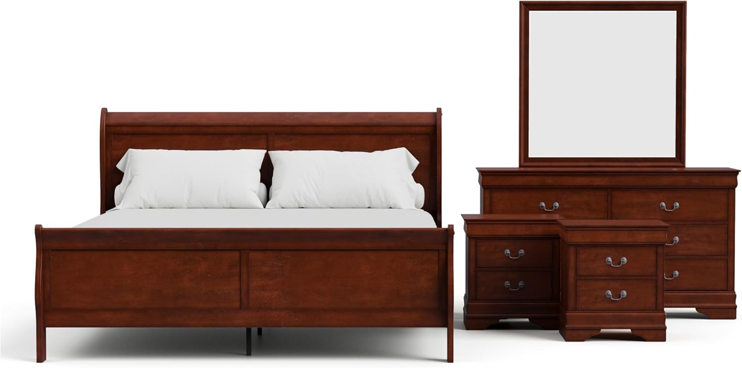 Furniture of America Arabella Traditional Solid Wood 5 Piece Bedroom Set with King Bed Frame, Nightstands, Dresser with Mirror, Storage and Organization, Bedframe Box Spring Needed, Cherry