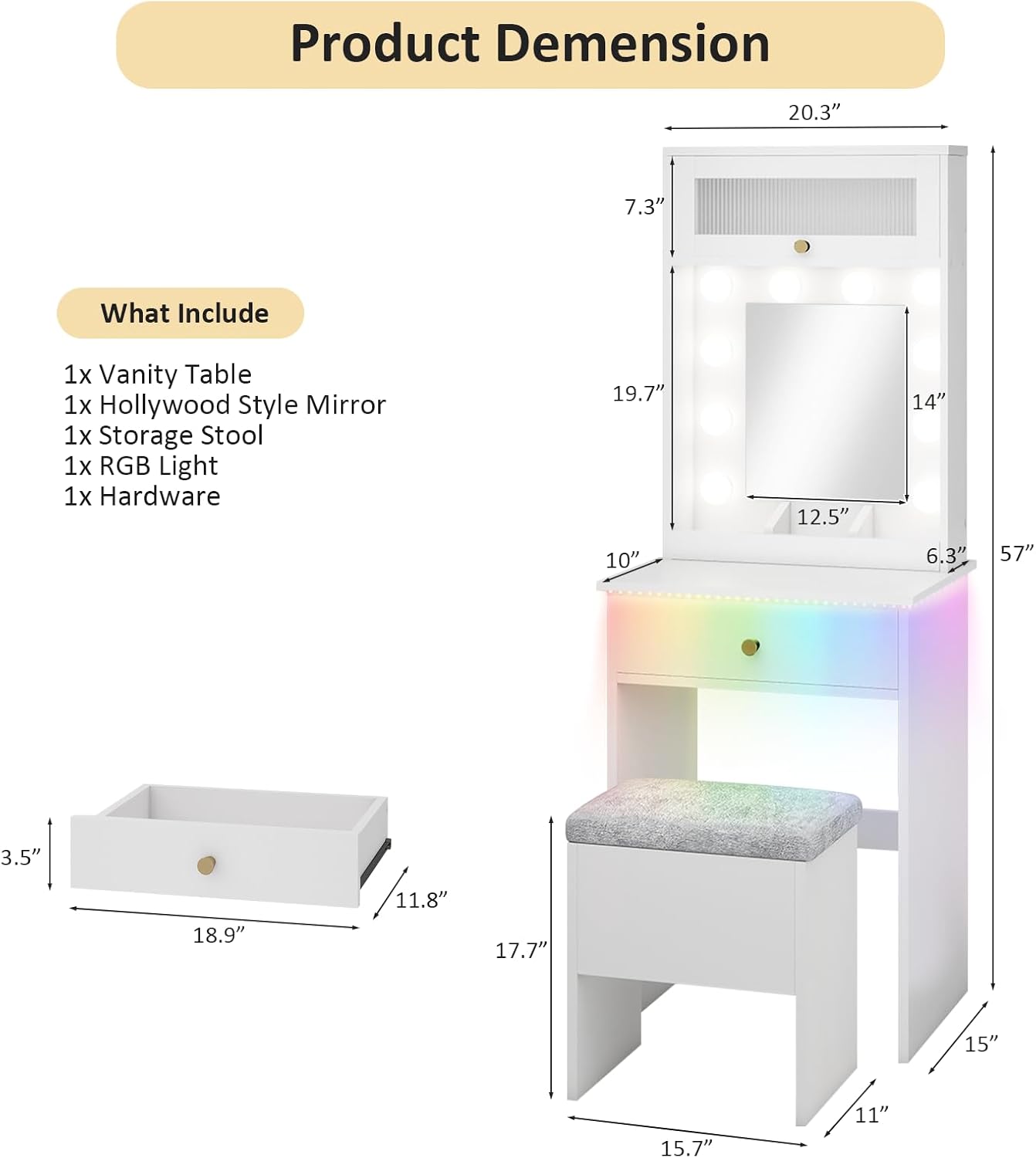 ARTETHYS Small Vanity Desk with Mirror and Lights White Small Makeup Vanity with Storage Chair Mini Makeup Table Set for Bedroom Compact Dressing Table with RGB Lights for Tiny Space