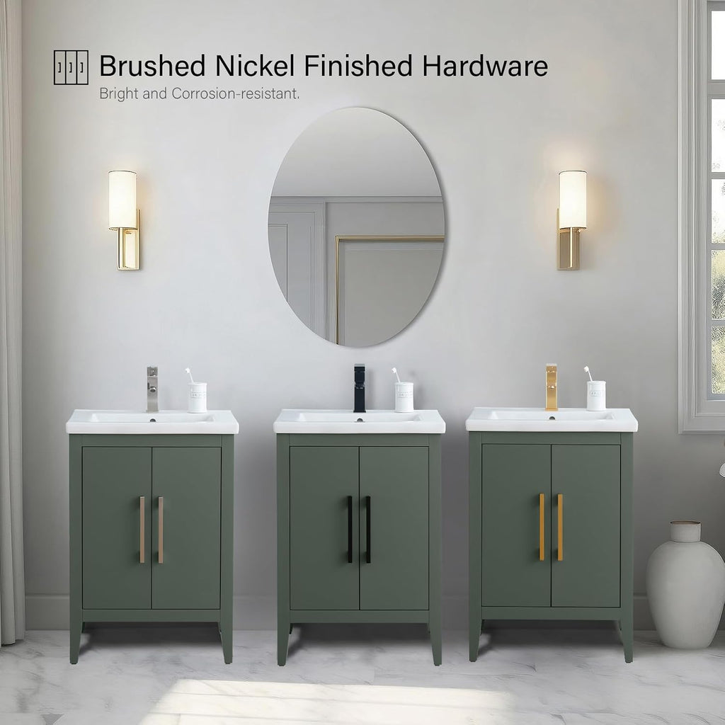 Vanity Art 24 inch Bathroom Vanity with Single Sink & Ceramic Top, Vanity Cabinet with Soft-Closing Doors, Solid Wood Frame, Vintage Green, VA9024-VG-BN1