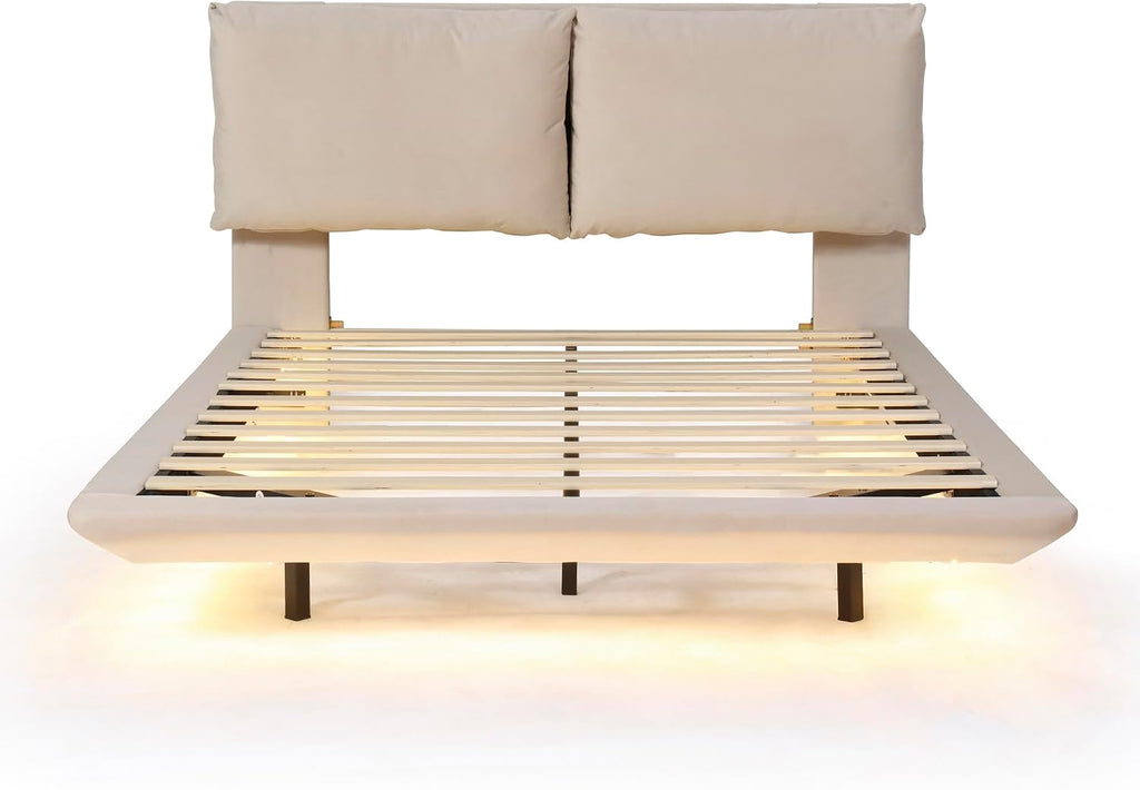 Ball & Cast Queen Size Floating Bed Frame,Velvet Upholstered Platform Bed with Sensor Light and 2 Large Backrests,Two Sets of USB Port,Slat Support,No Box Spring Needed,for Apartment,Bedroom,Beige