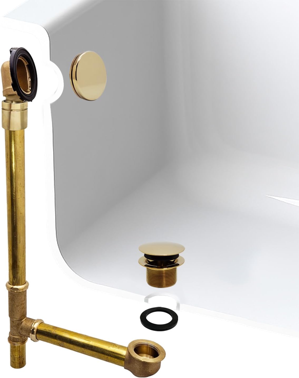 Westbrass A326HBJ-01 25' Brass Bath Waste & Overflow Assembly with European Tip-Toe Drain Plug and Illusionary Faceplate, Polished Brass