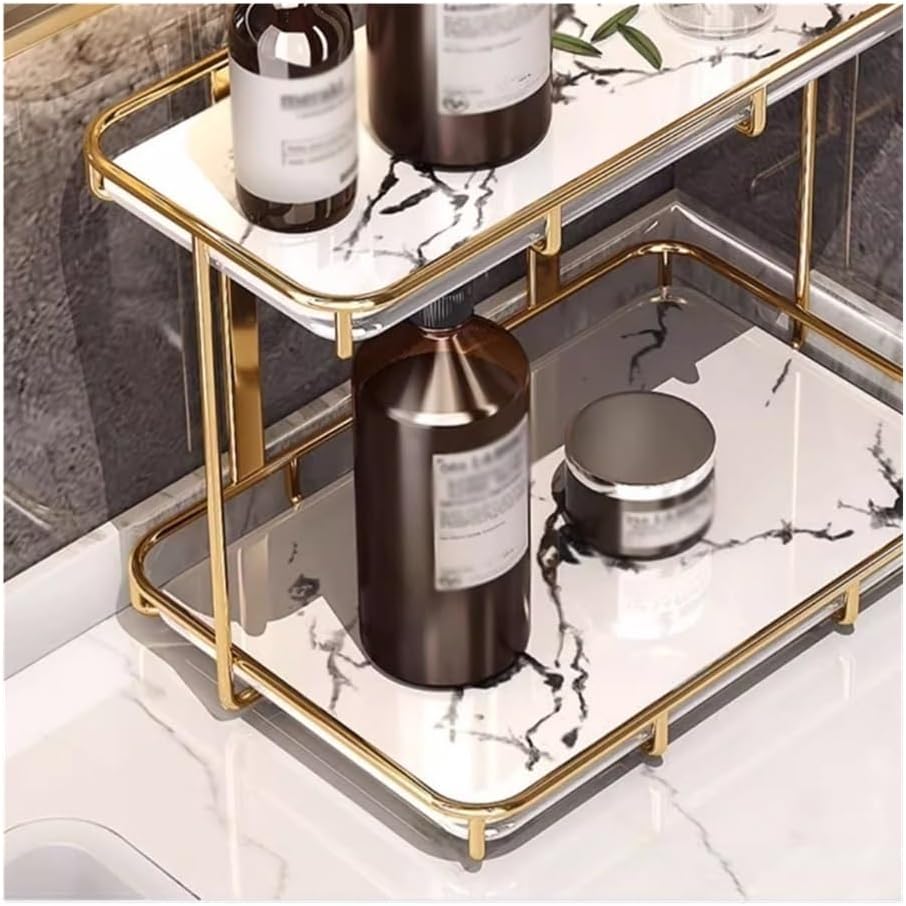 Shelves, 2-Tier Bathroom Orga Countertop, Luxury Perfume Makeup Orga, Marble Ceramic Vanity Tray Dresser with Gold Stainless Steel Frame Bathroom Accessories(White-One Size)