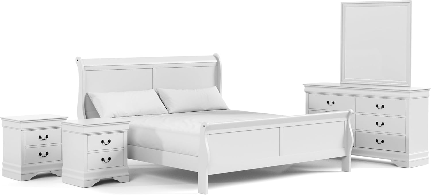 Furniture of America Arabella Traditional Solid Wood 5 Piece Bedroom Set with King Bed Frame, Nightstands, Dresser with Mirror, Storage and Organization, Bedframe Box Spring Needed, White