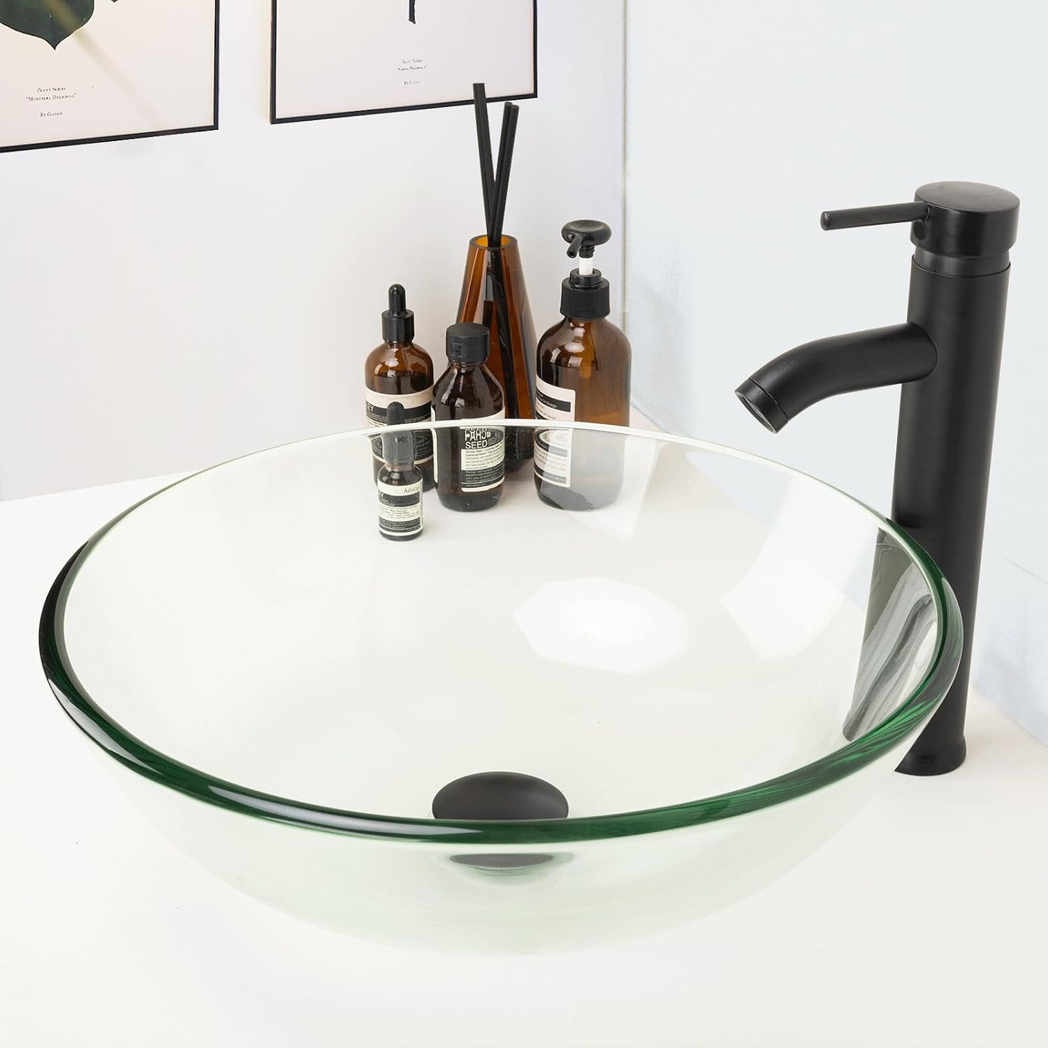 Design Vessel Sink Bathroom Sink above counter Small Vessel Sink Bathroom Sink Bowl Countertop Modern Sinks with faucet and drain combo 16.5' Round Transparent New