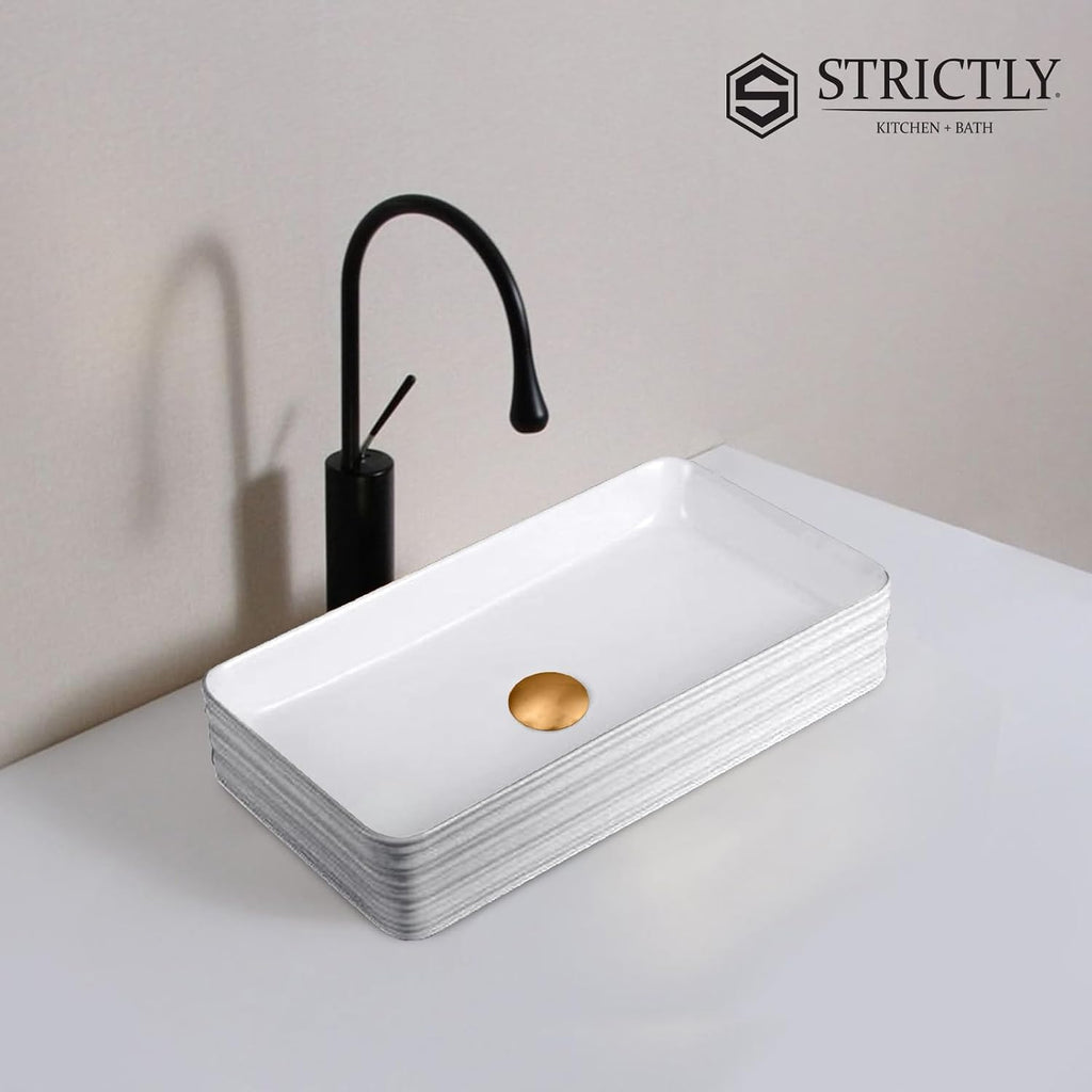 Strictly Sinks 19 Inch Bathroom Vessel Sink – Rectangular White Porcelain Ceramic Countertop Bathroom Sink – Easy to Install Above Counter Luxurious Vessel Sink for Bathroom (19-3/4″ W x 16″ L x 6″ H)