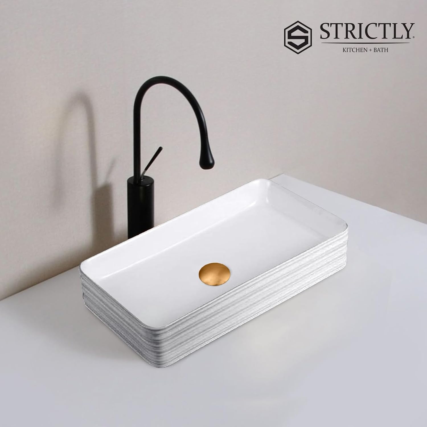 Strictly Sinks 19 Inch Bathroom Vessel Sink – Rectangular White Porcelain Ceramic Countertop Bathroom Sink – Easy to Install Above Counter Luxurious Vessel Sink for Bathroom (19-3/4″ W x 16″ L x 6″ H)