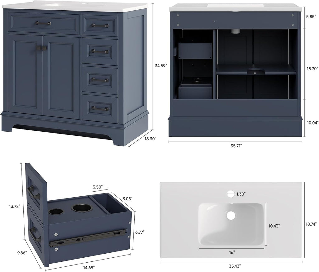 ONBRILL 36' Luxurious Bathroom Vanity with Ceramic Sink, Modern Freestanding Bathroom Single Sink Vanities Cabinet with 2 Soft Closing Doors & 2 Drawers, Adjustable Shelf & Paint Surface (Blue)